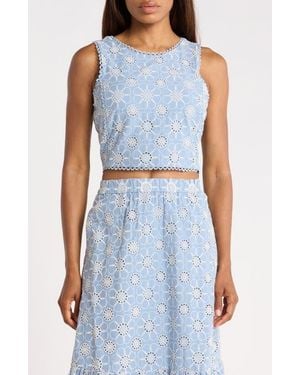 Ellen Tracy Embroidered Cotton Voile Crop Tank - Blue