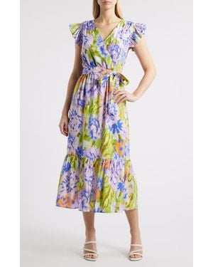 Sam Edelman Print Wrap Front Flutter Sleeve Midi Dress - Multicolor