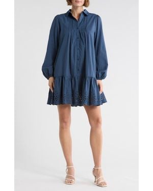 Melrose and Market Poplin Eyelet Long Sleeve Shirtdress - Blue