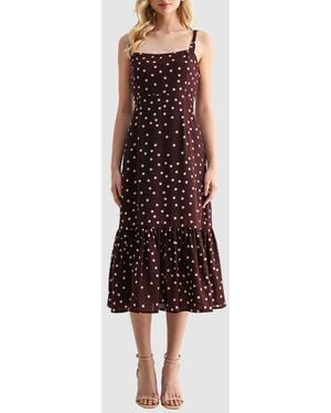 Lush Polka Dot Tiered A-Line Midi Dress