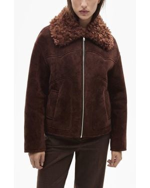 Mango Faux Shearling Collar Faux Suede Jacket - Brown