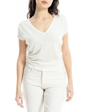 Max Studio Side Ruched Short Sleeve V-Neck Sweater - White