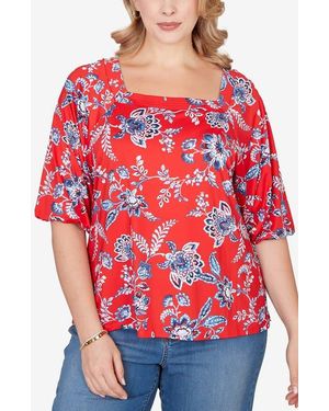 Ruby Rd. Floral Three-Quarter Puff Sleeve Jersey Top - Red