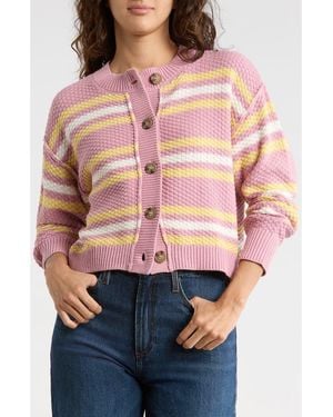 INTERNATIONAL Stripe Button Front Cotton Blend Crop Cardigan - Pink