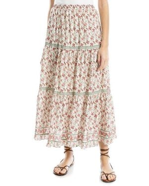 Max Studio Floral Wreath Print Tiered Cotton Blend Maxi Skirt - Natural