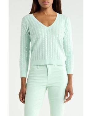 L'Agence Trinity Sequin Cable V-Neck Pullover - Green