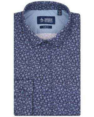 Original Penguin Floral Stencil Stretch Cotton Slim Fit Dress Shirt - Blue