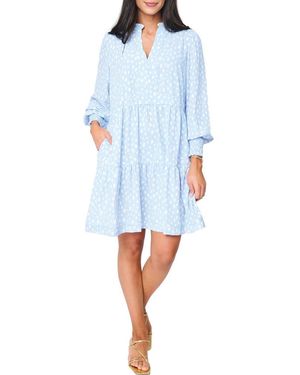 Gibsonlook Printed Tiered Long Sleeve Dress - Blue