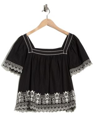 Max Studio Embroidered Short Sleeve Cotton Top - Black