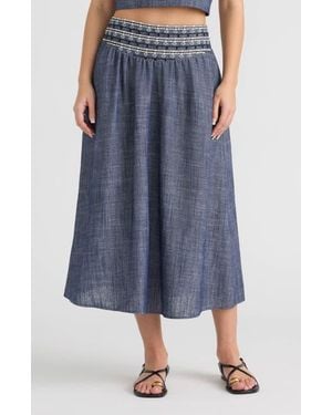 NVLT Embroidered A-Line Midi Skirt - Blue