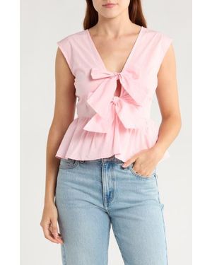 NSR Tie Front Poplin Peplum Top - Pink