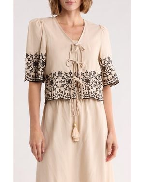 Ellen Tracy Eyelet Embroidered Tie Top - Natural