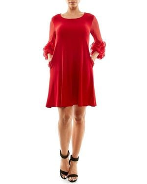 Nina Leonard Mesh Ruffle Sleeve Dress - Red