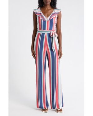 Matty M Stripe Ruffle Sleeveless Jumpsuit - White