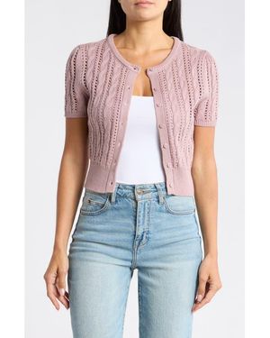 Vigoss Crop Pointelle Short Sleeve Cardigan - Blue