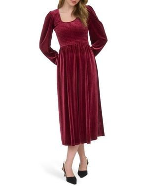 AUGUST SKY Long Sleeve Smocked Velvet Midi Dress - Red