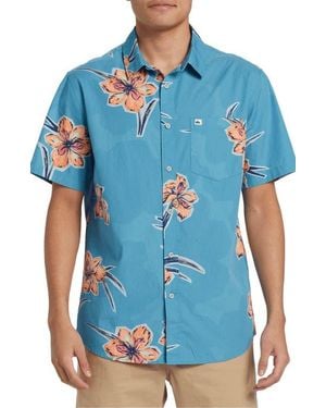 Quiksilver Apero Floral Short Sleeve Stretch Cotton Button-Up Shirt - Blue