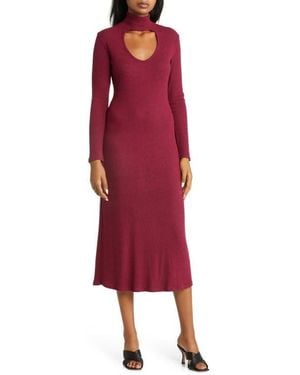 Loveappella Cutout Long Sleeve Midi Dress - Red