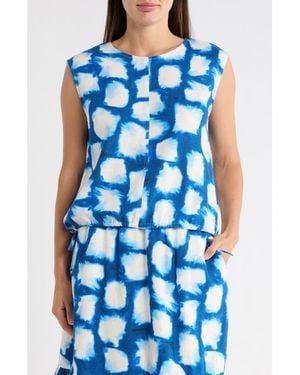 DKNY Sleeveless Drawstring Hem Linen Blend Top - Blue