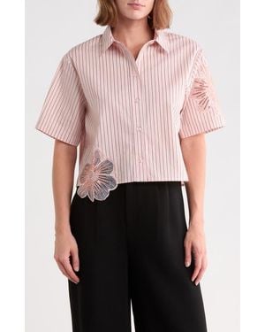 NVLT Striped Cotton Poplin Appliqué Camp Shirt - Pink