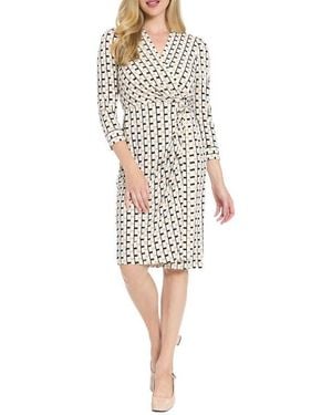London Times Geometric Print Faux Wrap Dress - White