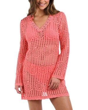 La Blanca Waverly Long Sleeve Cotton Cover-Up Dress - Red