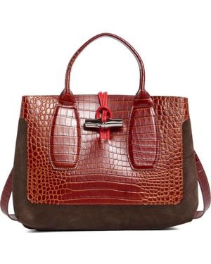 Longchamp Le Roseau Medium Mixed Leather Handbag - Red