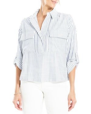 Max Studio Grid Print Roll Sleeve Popover Shirt - White