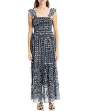 Max Studio Floral Ruffle Strap Smocked Tiered Chiffon Maxi Dress - Blue