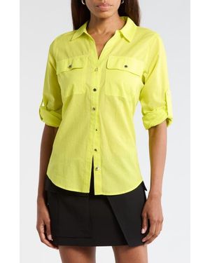 DKNY Solid Roll Sleeve Button-Up Shirt - Yellow