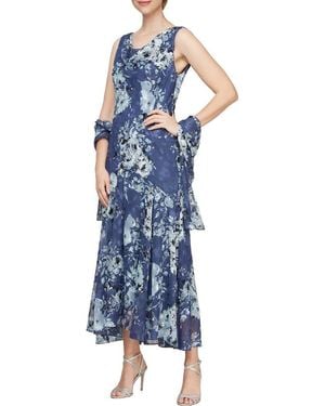 Alex Evenings Print Cowl Neck Maxi Dress With Shawl - Blue