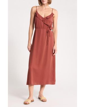 Bella Dahl Ruflfe Faux Wrap Removable Tie Belt Midi Dress - Red