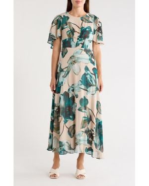 Calvin Klein Floral Cape Sleeve Chiffon Maxi Dress - Green