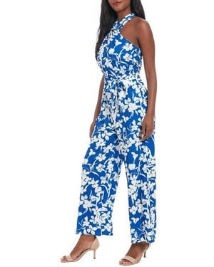 London Times Floral Crossover Halter Neck Jumpsuit - Blue