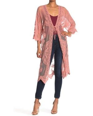 Forgotten Grace Crochet Trim Tie Front Duster - Pink