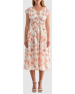 Mila + Mate Floral Cap Sleeve Eyelet Cotton A-Line Midi Dress - Multicolor