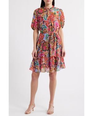 Julia Jordan Ruffle Tie Belt Crinkle Shirtdress - Red