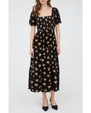 AUGUST SKY Puff Sleeve Midi Dress - Black