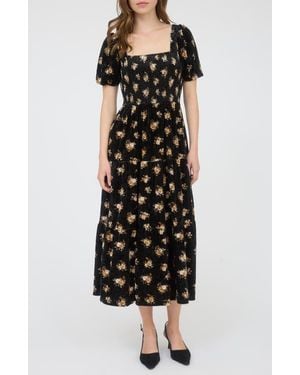 AUGUST SKY Puff Sleeve Midi Dress - Black