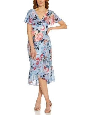 Adrianna Papell Floral Wrap Front Ruffle Midi Dress - Blue