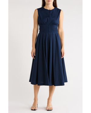 Halogen® Sleeveless Pintucked Empire Waist Cotton Midi Dress - Blue