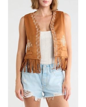 Forgotten Grace Embroidered Fringe Faux Suede Vest - Brown