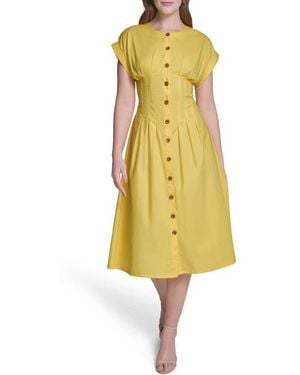 Calvin Klein Pintuck Fit And Flare Shirtdress - Yellow