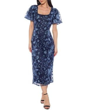 Marina Embroidered Midi Cocktail Dress - Blue