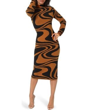 Bebe Jacquard Mock Neck Sweater Midi Dress - Brown