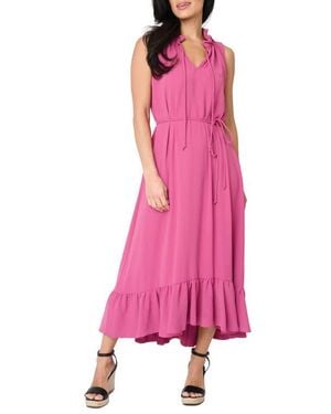 Gibsonlook Sienna Split Neck Tie Waist Ruffle Hem High-Low Dress - Pink