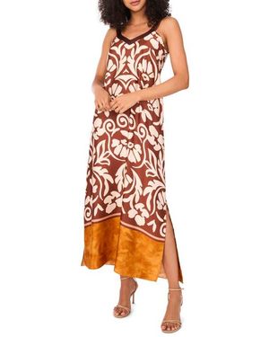 Halogen® Floral Border Print Sleeveless Satin Maxi Dress - Orange