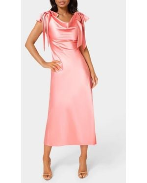 Bebe Shoulder Tie Satin Midi Dress - Pink