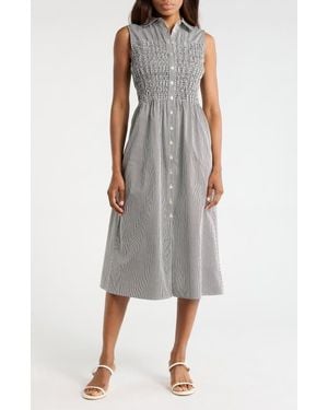Avec Les Filles Smocked Sleeveless Shirtdress - Gray