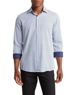 Azaro Uomo Slim Fit Geometric Print Performance Dress Shirt - Blue